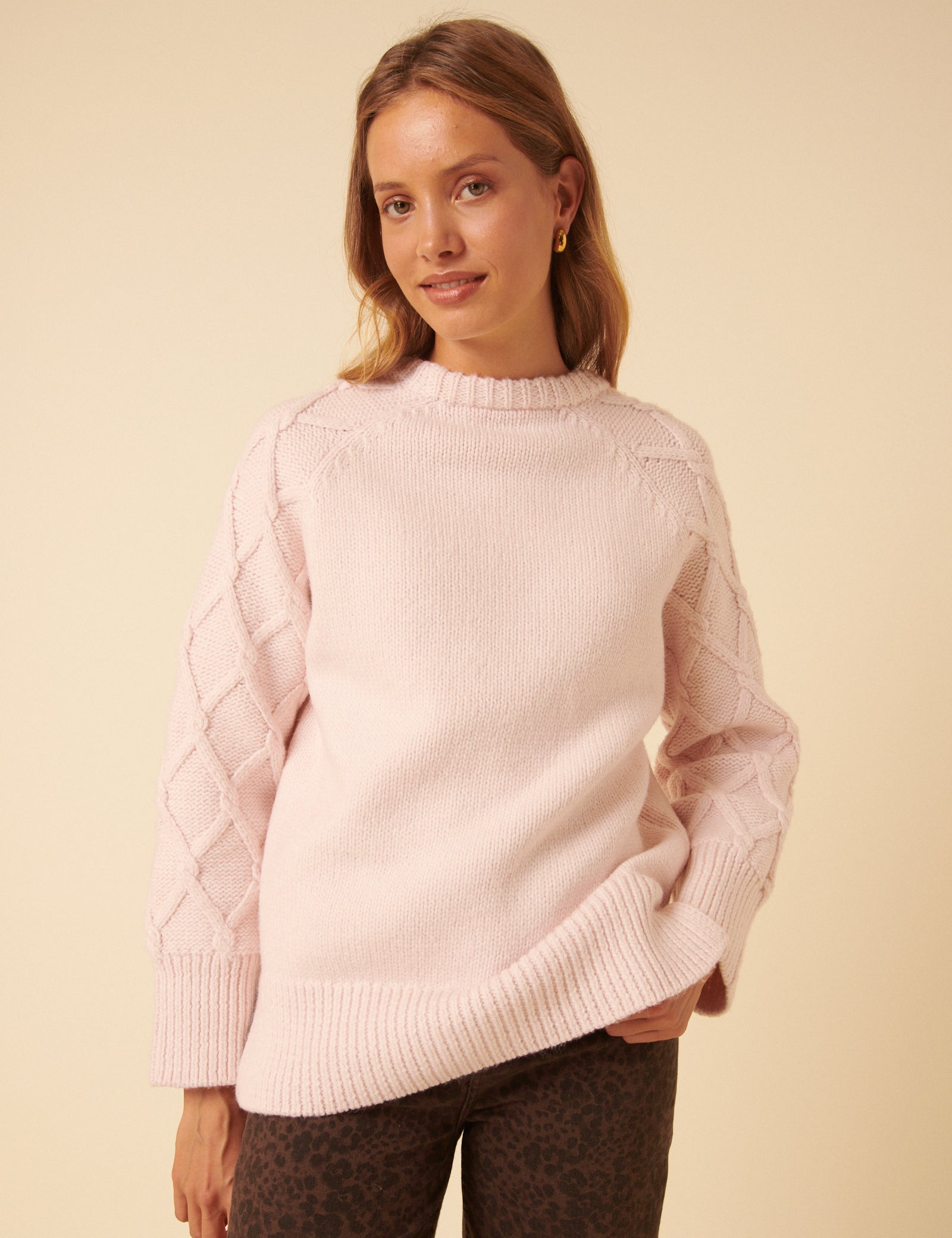 Light Pink Cable Knit Crew Neck Cardigan