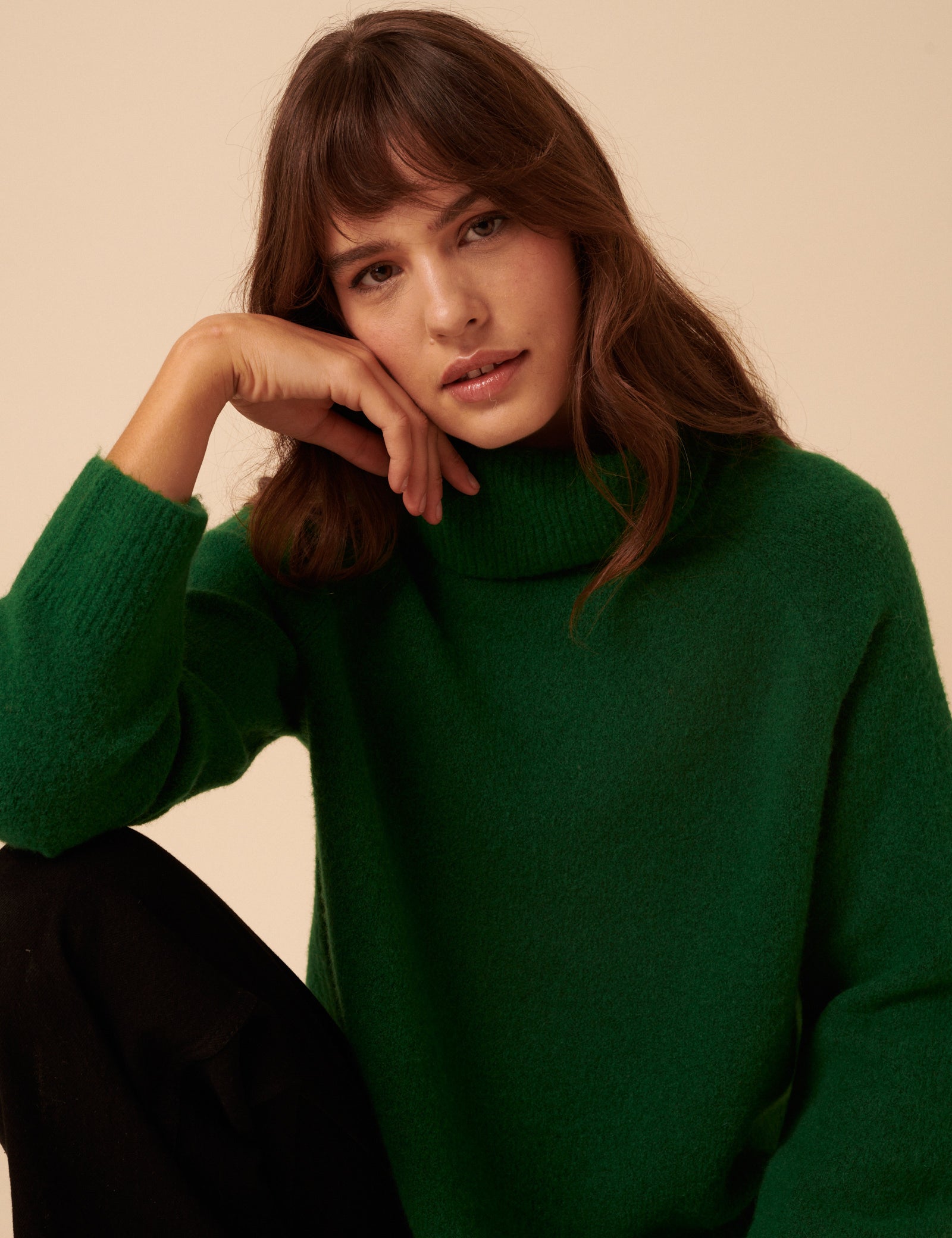 Forest Green Roll Neck Relaxed Knitted Jumper