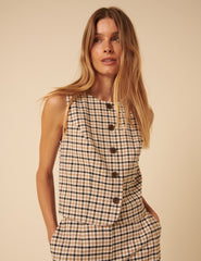 Beige Gingham Check Waistcoat
