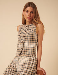 Beige Gingham Check Waistcoat