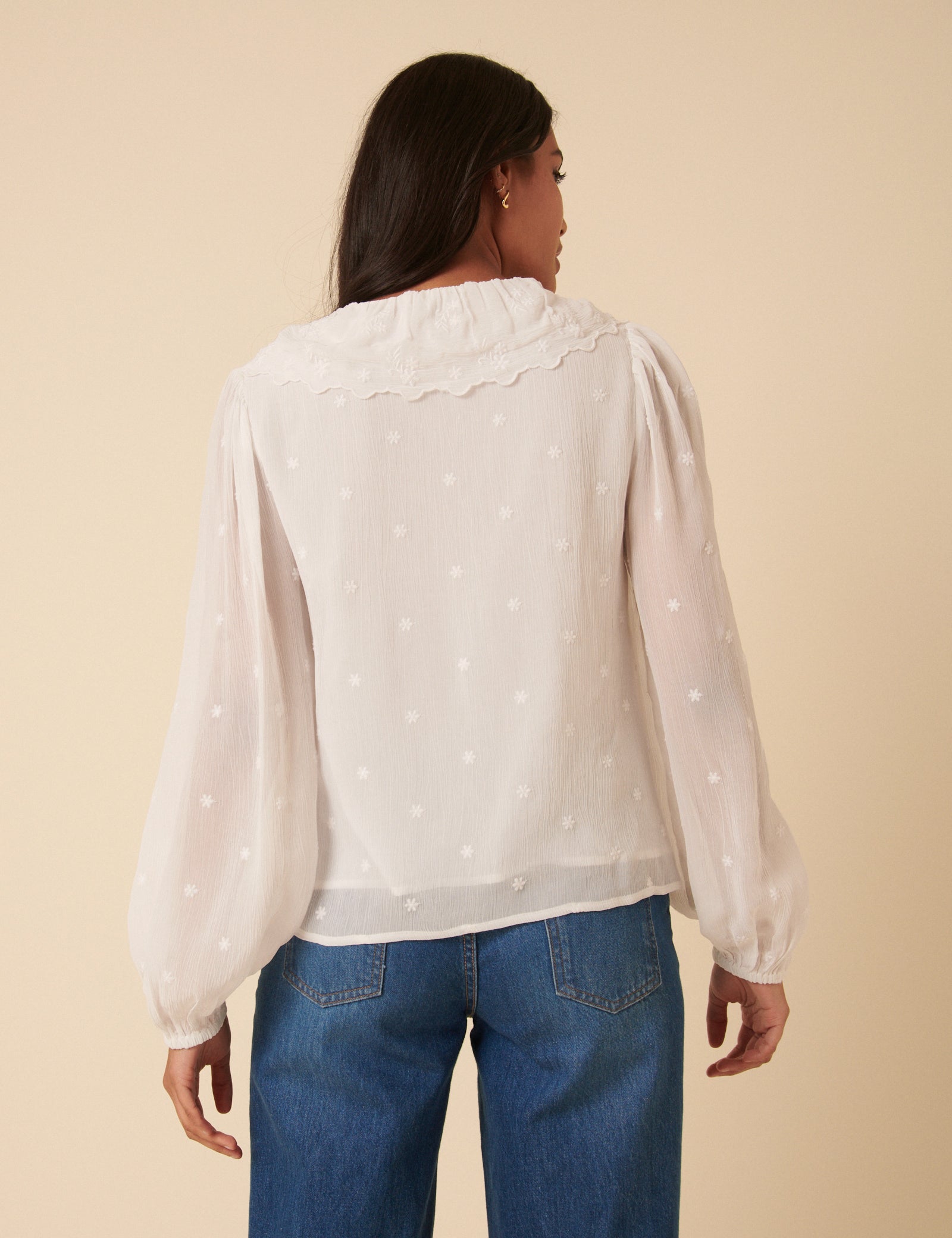 White Floral Embroidered Ruffle Collar Balloon Sleeve Blouse