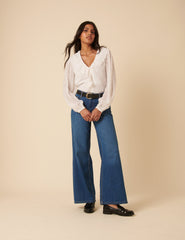 White Floral Embroidered Ruffle Collar Balloon Sleeve Blouse