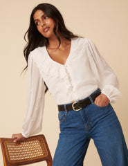 White Floral Embroidered Ruffle Collar Balloon Sleeve Blouse