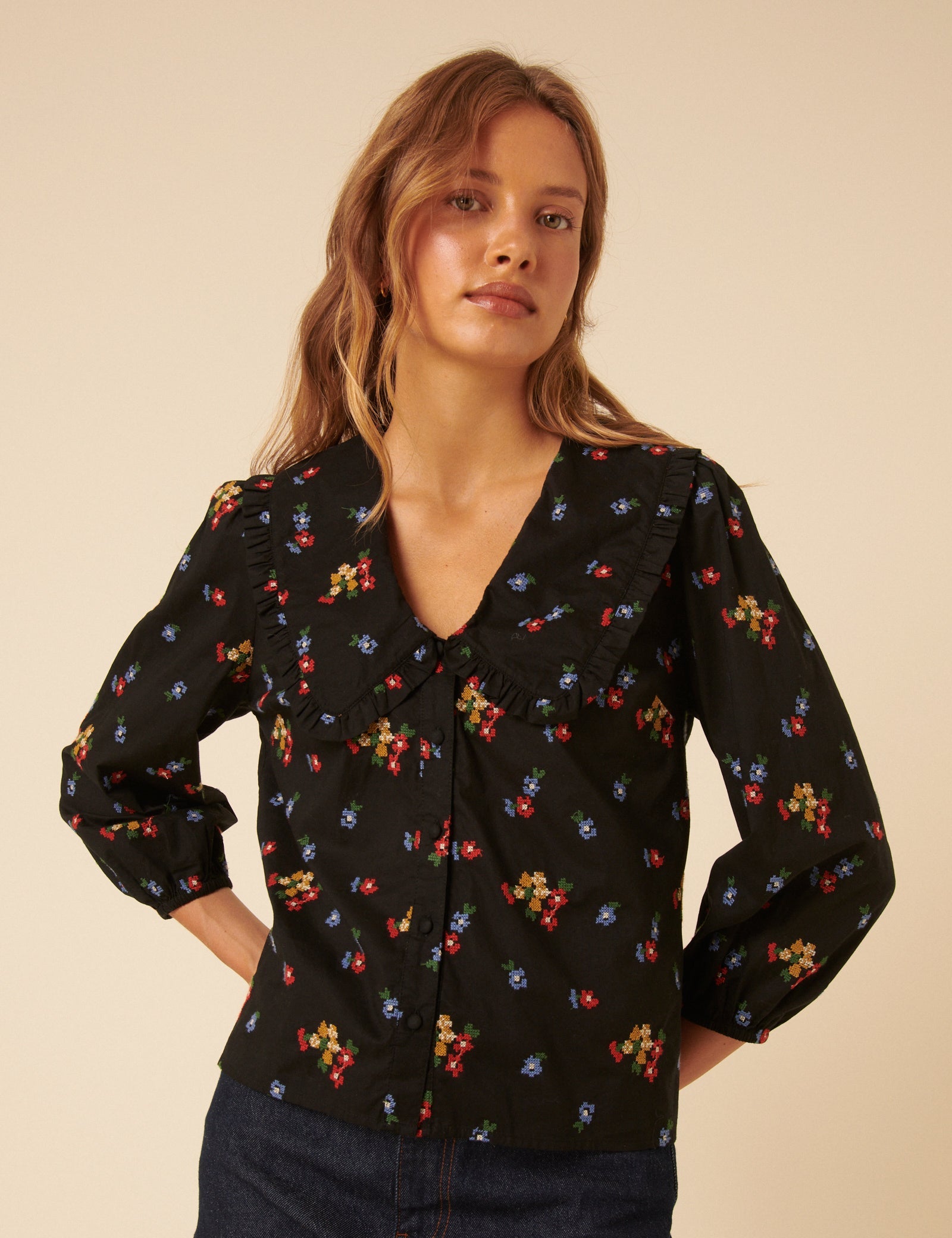 Black Floral Embroidered Long Sleeve Emmie Blouse