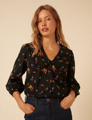Black Floral Embroidered Long Sleeve Emmie Blouse