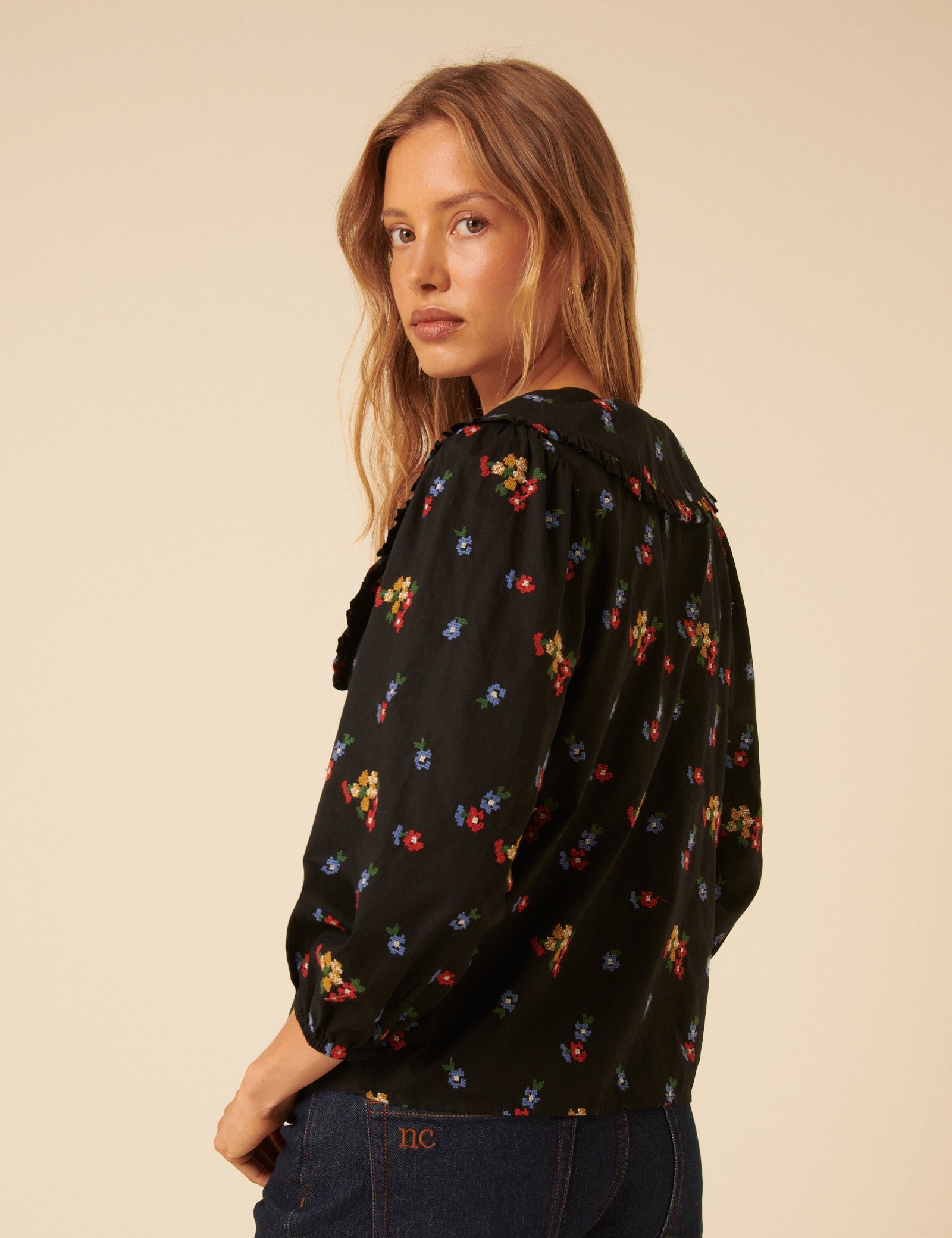 Black Floral Embroidered Long Sleeve Emmie Blouse