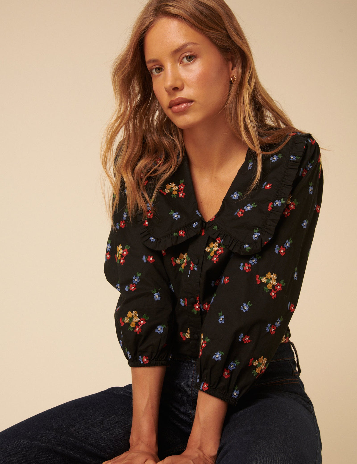 Black Floral Embroidered Long Sleeve Emmie Blouse