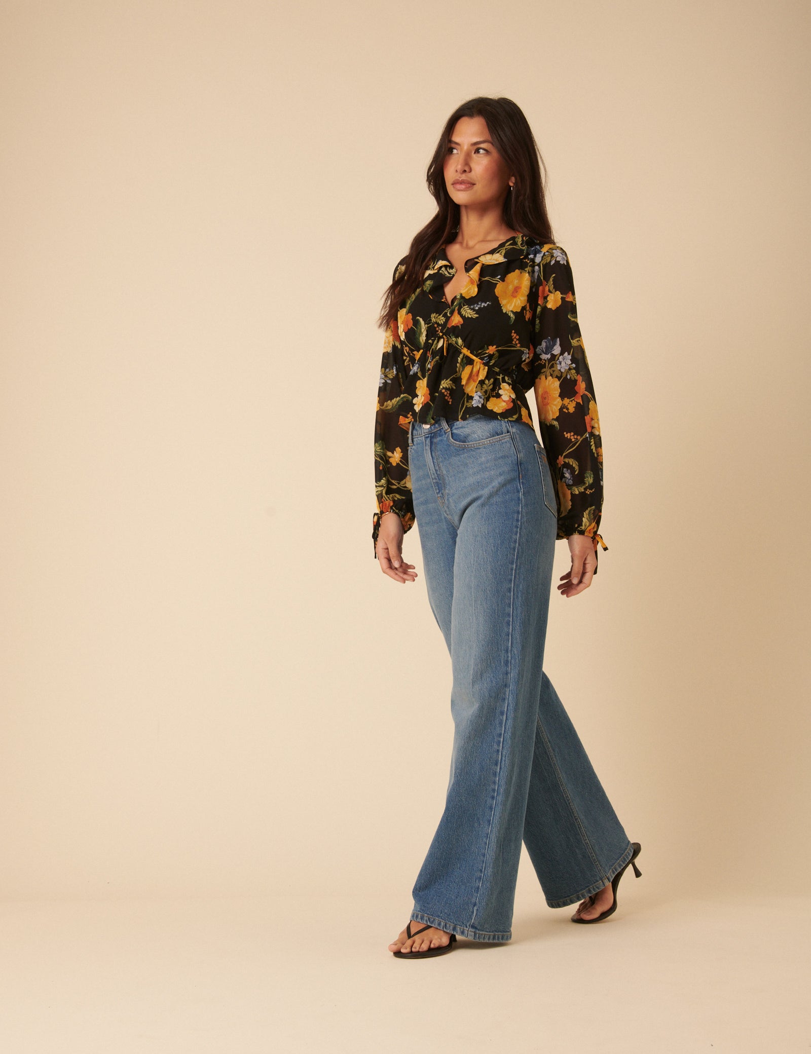 Black Floral Ruffle Top