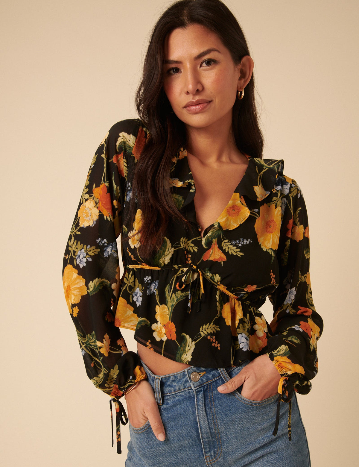 Black Floral Ruffle Top