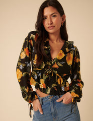 Black Floral Ruffle Top