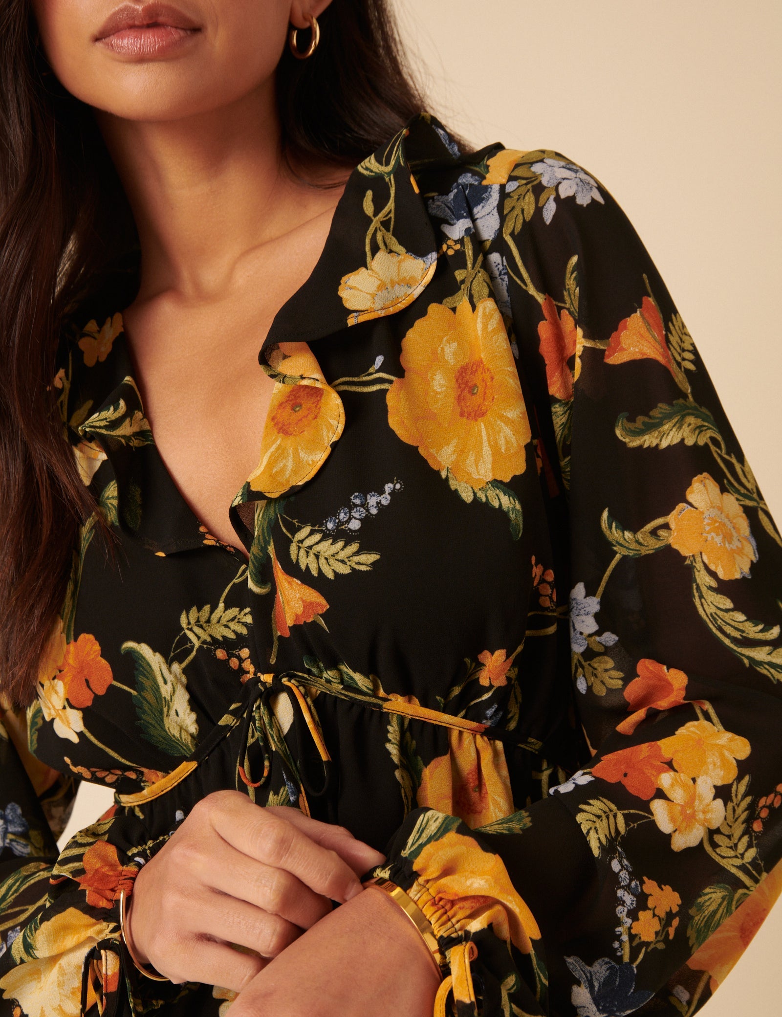 Black Floral Ruffle Top