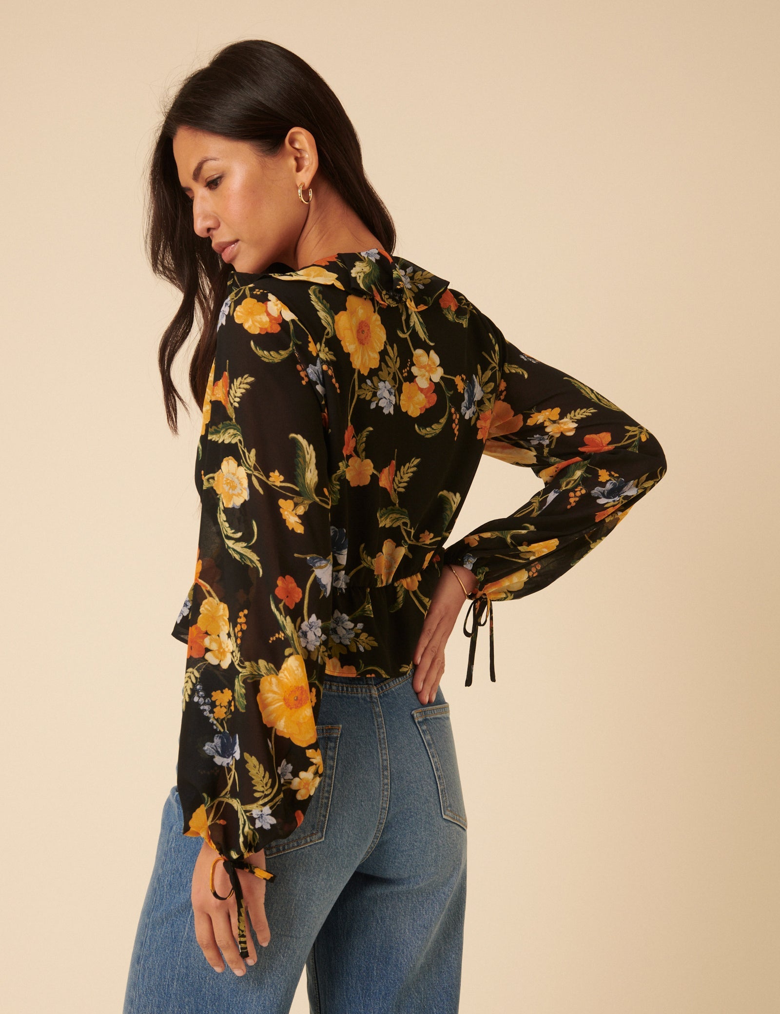 Black Floral Ruffle Top