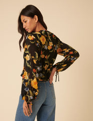 Black Floral Ruffle Top