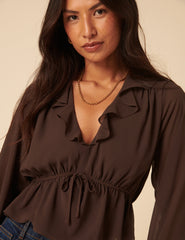 Brown Ruffle Long Sleeve Top