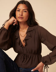 Brown Ruffle Long Sleeve Top