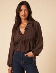 Brown Ruffle Long Sleeve Top