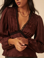 Brown Polka Dot Satin Jacquard Blouse