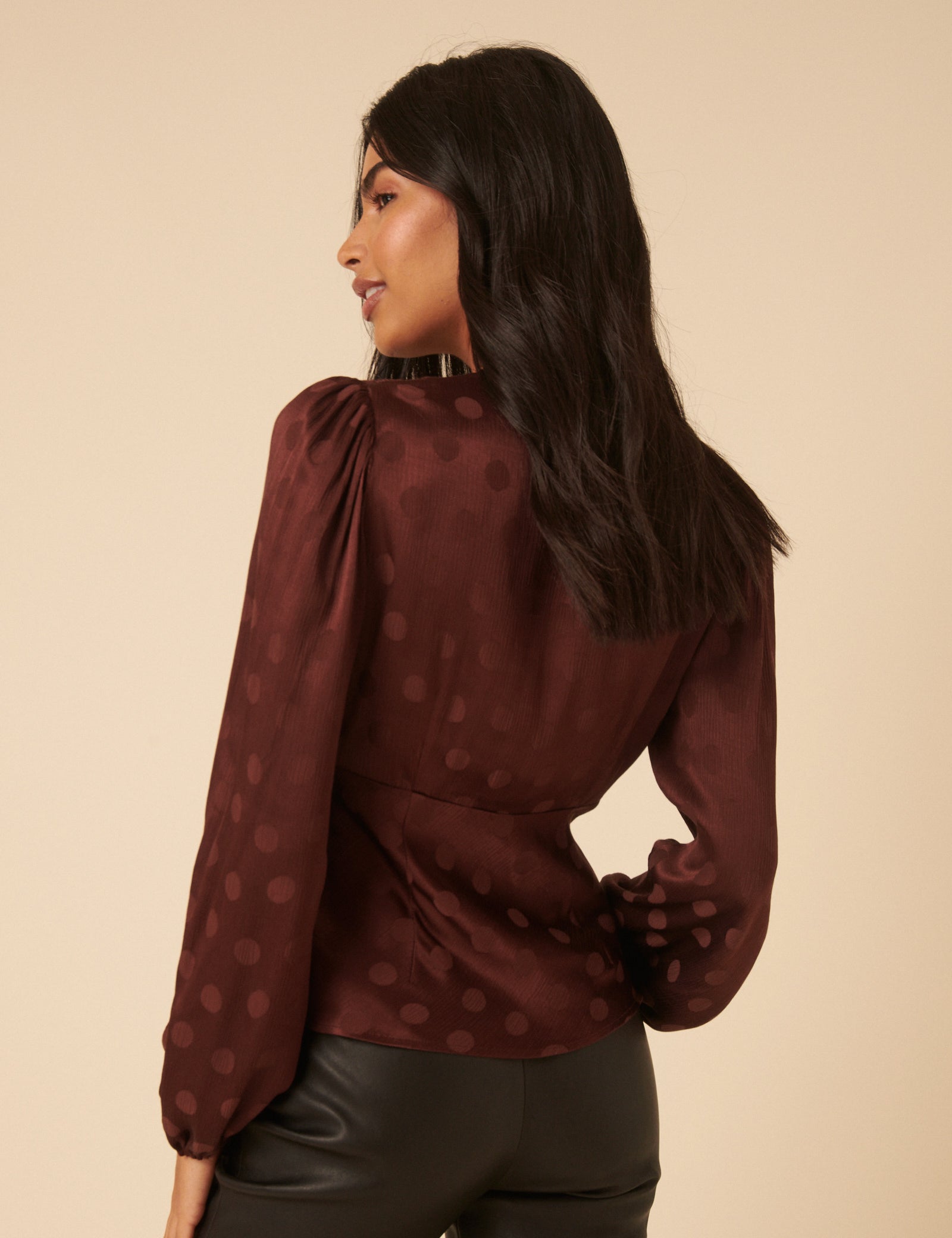 Brown Polka Dot Satin Jacquard Blouse