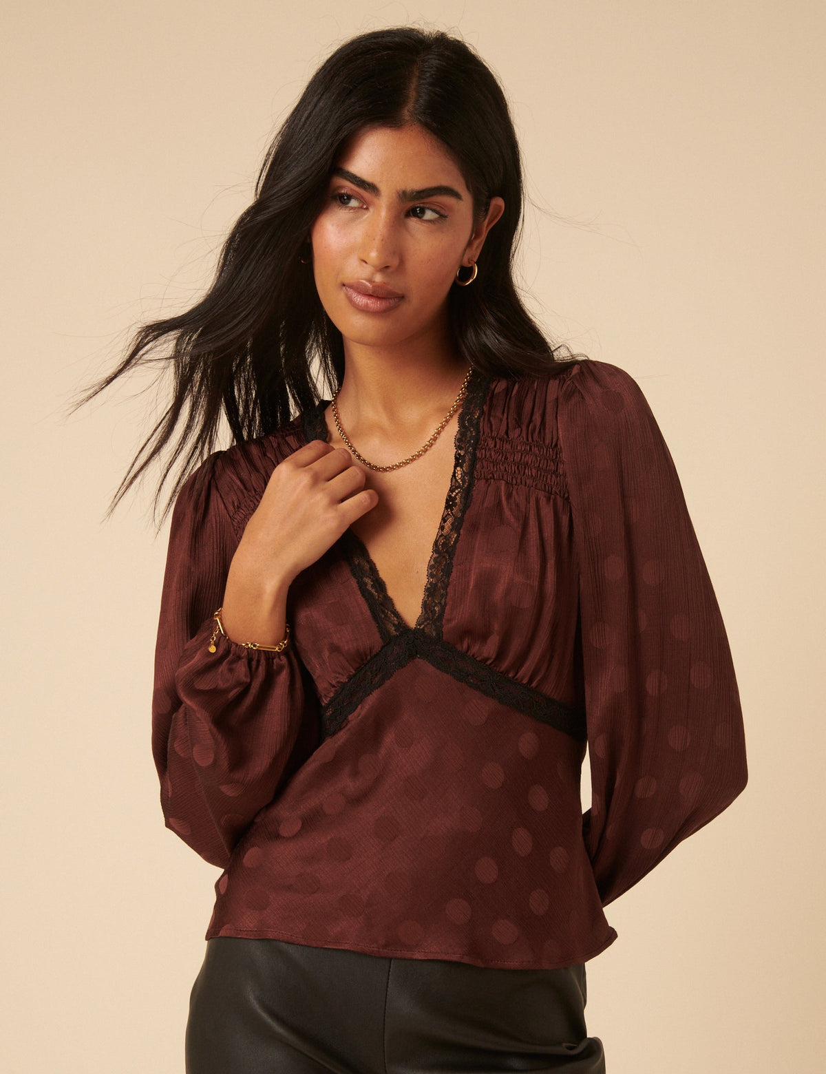 Brown Polka Dot Satin Jacquard Blouse