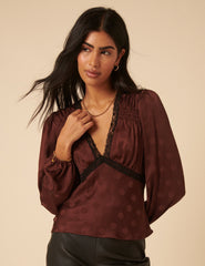 Brown Polka Dot Satin Jacquard Blouse