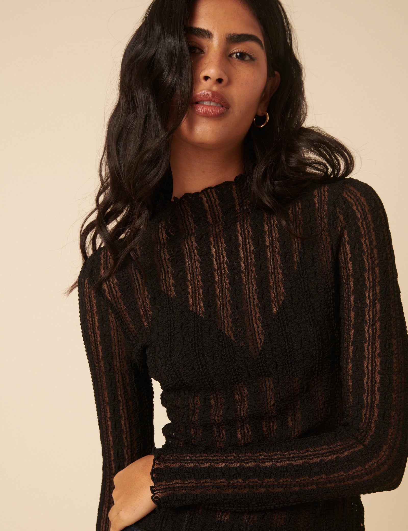 Black Lace High Neck Long Sleeve Top