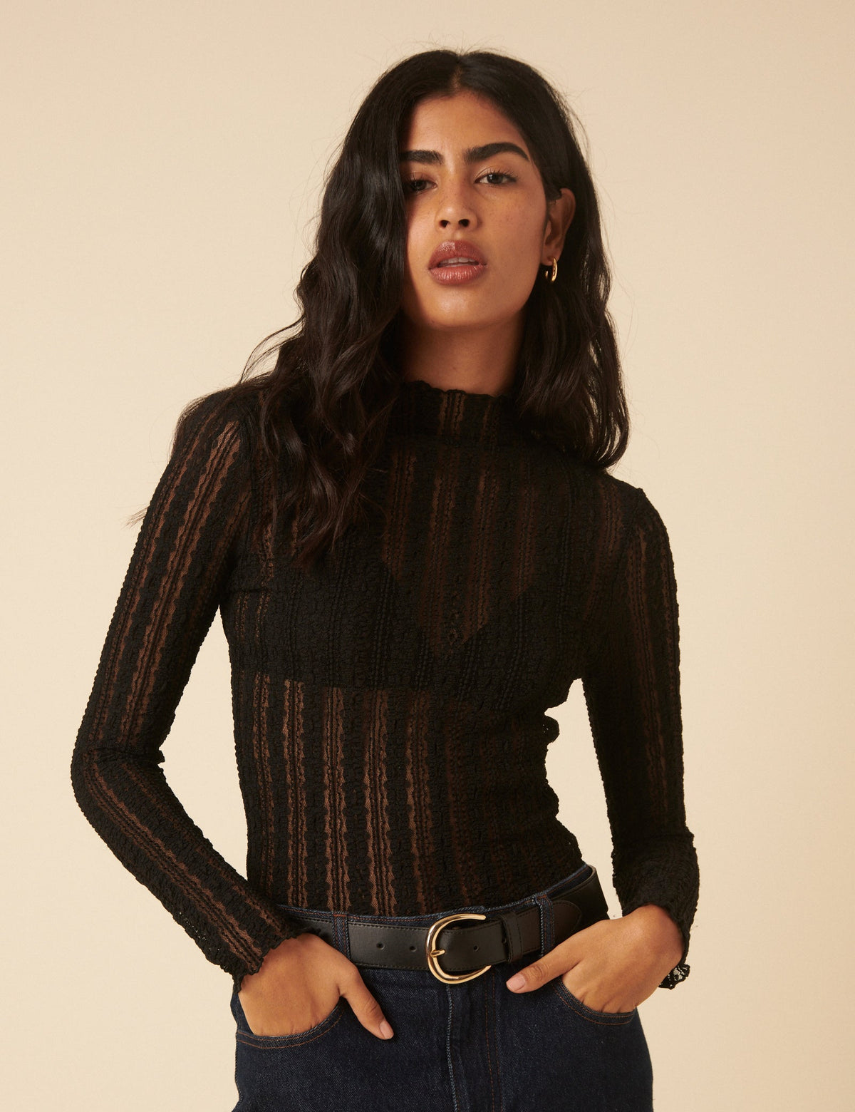 Black Lace High Neck Long Sleeve Top