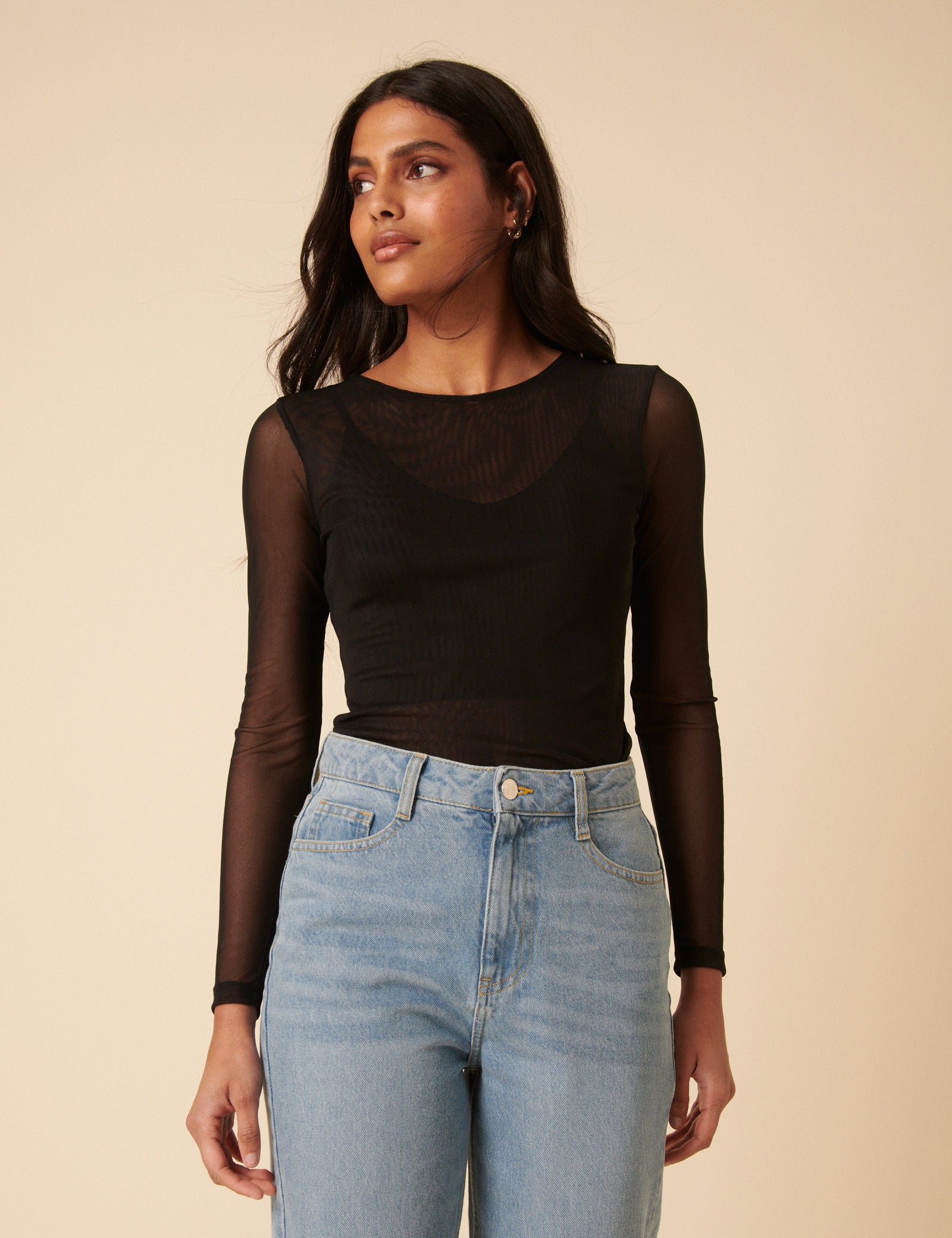 Black Long Sleeve Mesh Top