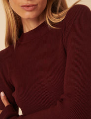 Burgundy High Neck Ribbed Knitted Top