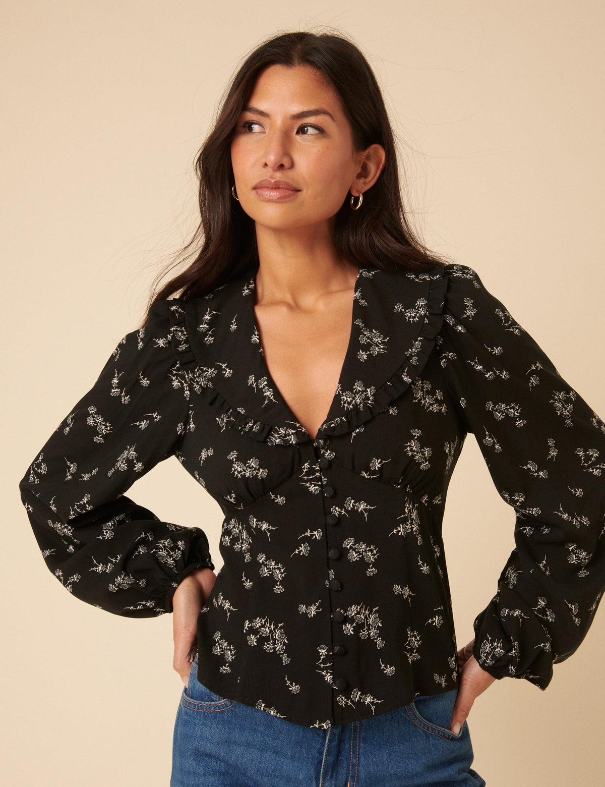 Black Floral Long Sleeve Blouse
