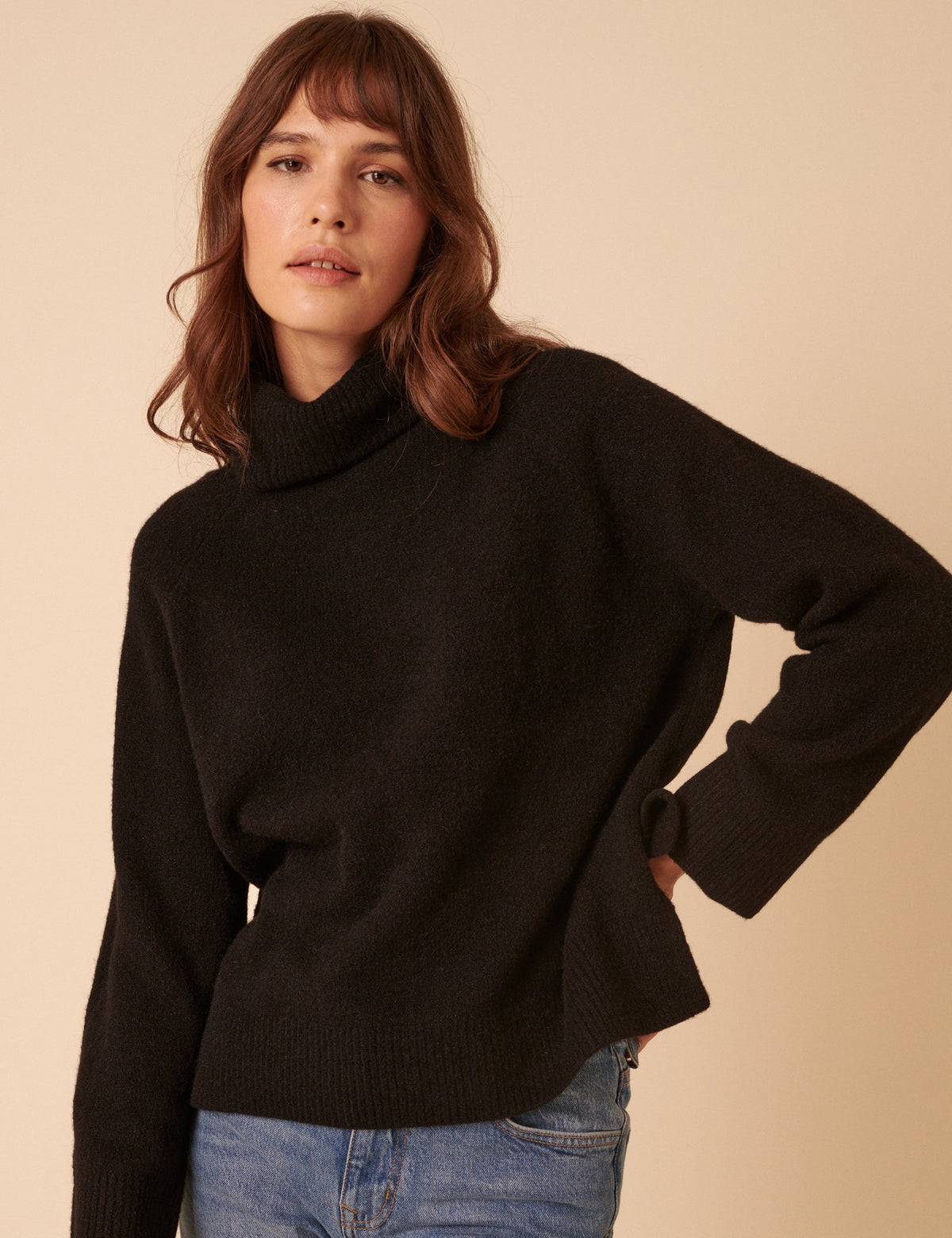 Black Roll Neck Relaxed Knitted Jumper