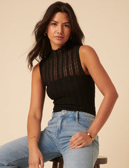 Black Lace High Neck Sleeveless Top