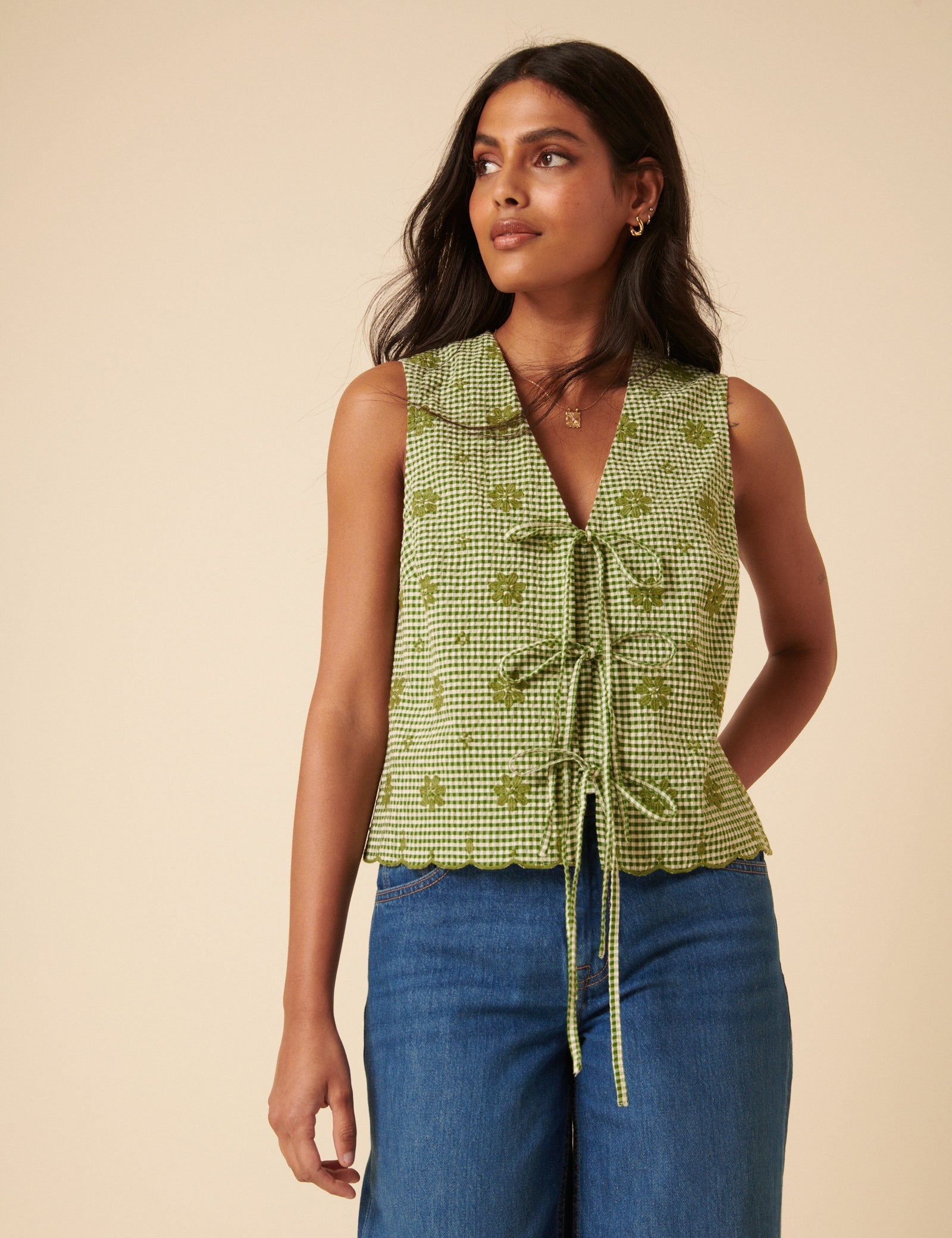 Green Gingham Embroidered Tie Front Tessa Top