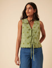 Green Gingham Embroidered Tie Front Tessa Top
