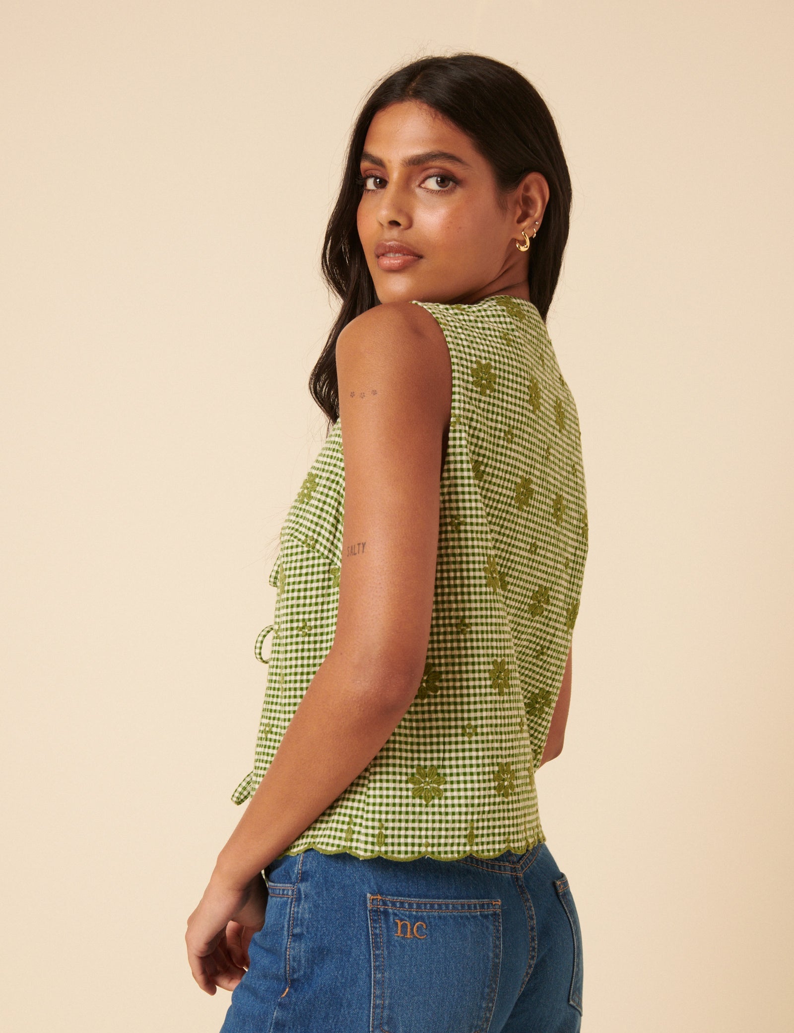 Green Gingham Embroidered Tie Front Tessa Top