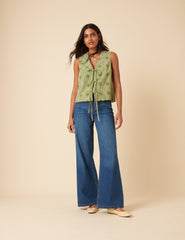 Green Gingham Embroidered Tie Front Tessa Top