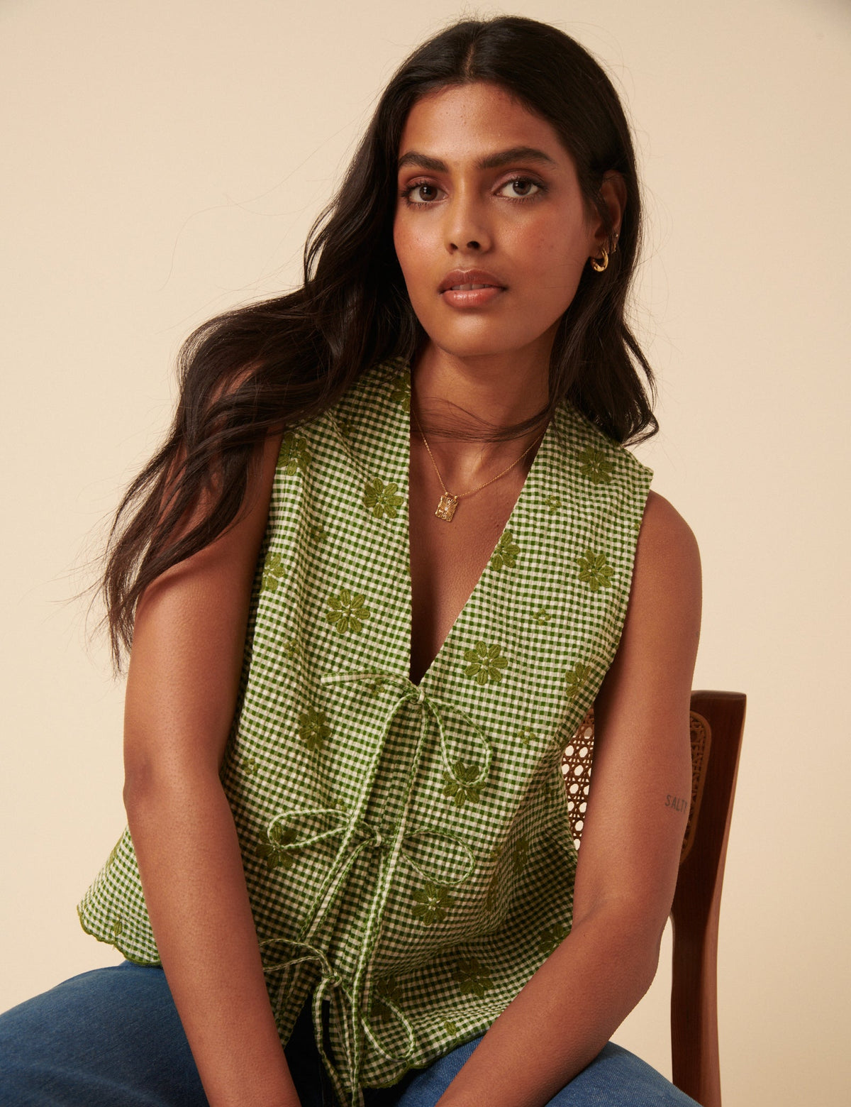 Green Gingham Embroidered Tie Front Tessa Top
