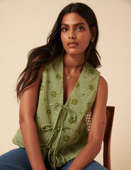Green Gingham Embroidered Tie Front Tessa Top