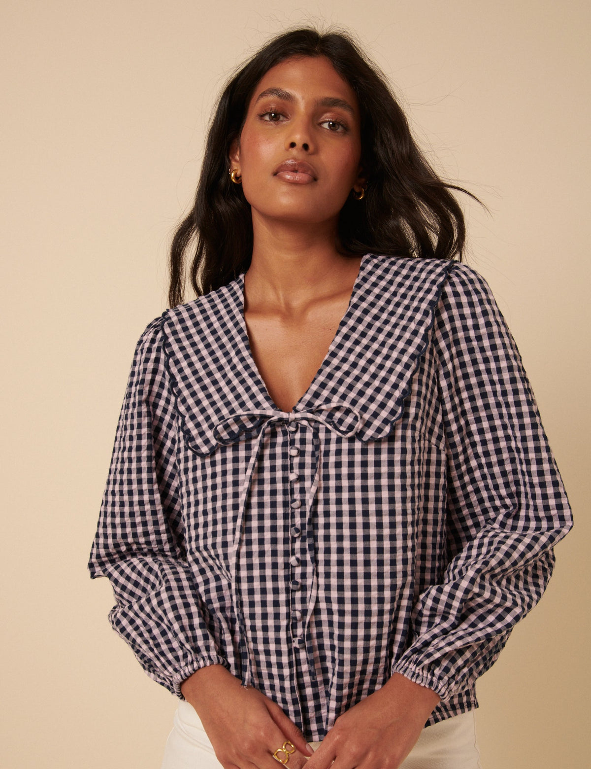 Black And Pink Gingham Peter Pan Collar Blouse
