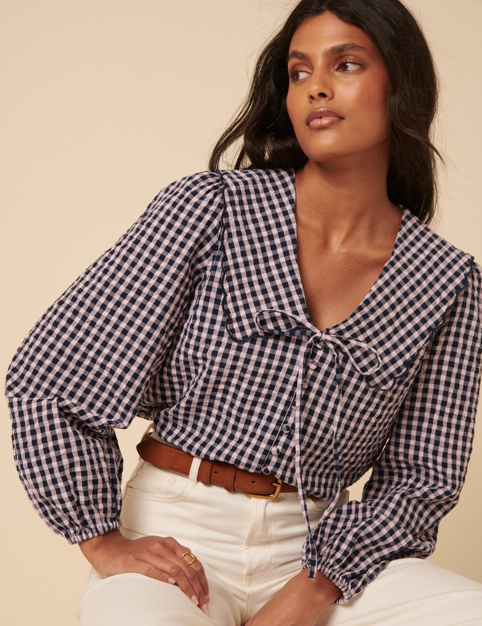 Black And Pink Gingham Peter Pan Collar Blouse