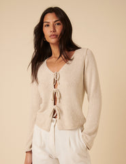 Cream Tie Front Knitted Cardigan
