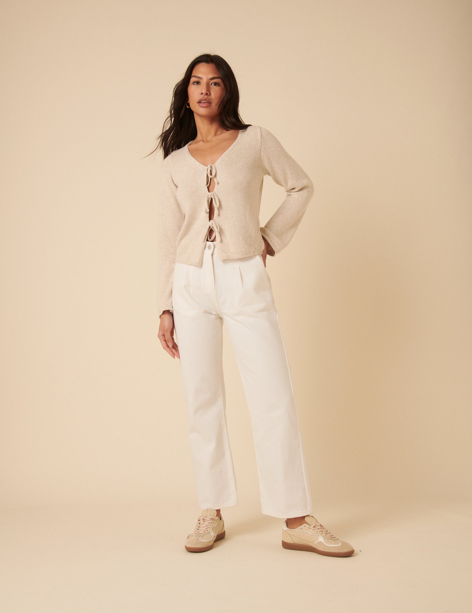 Cream Tie Front Knitted Cardigan