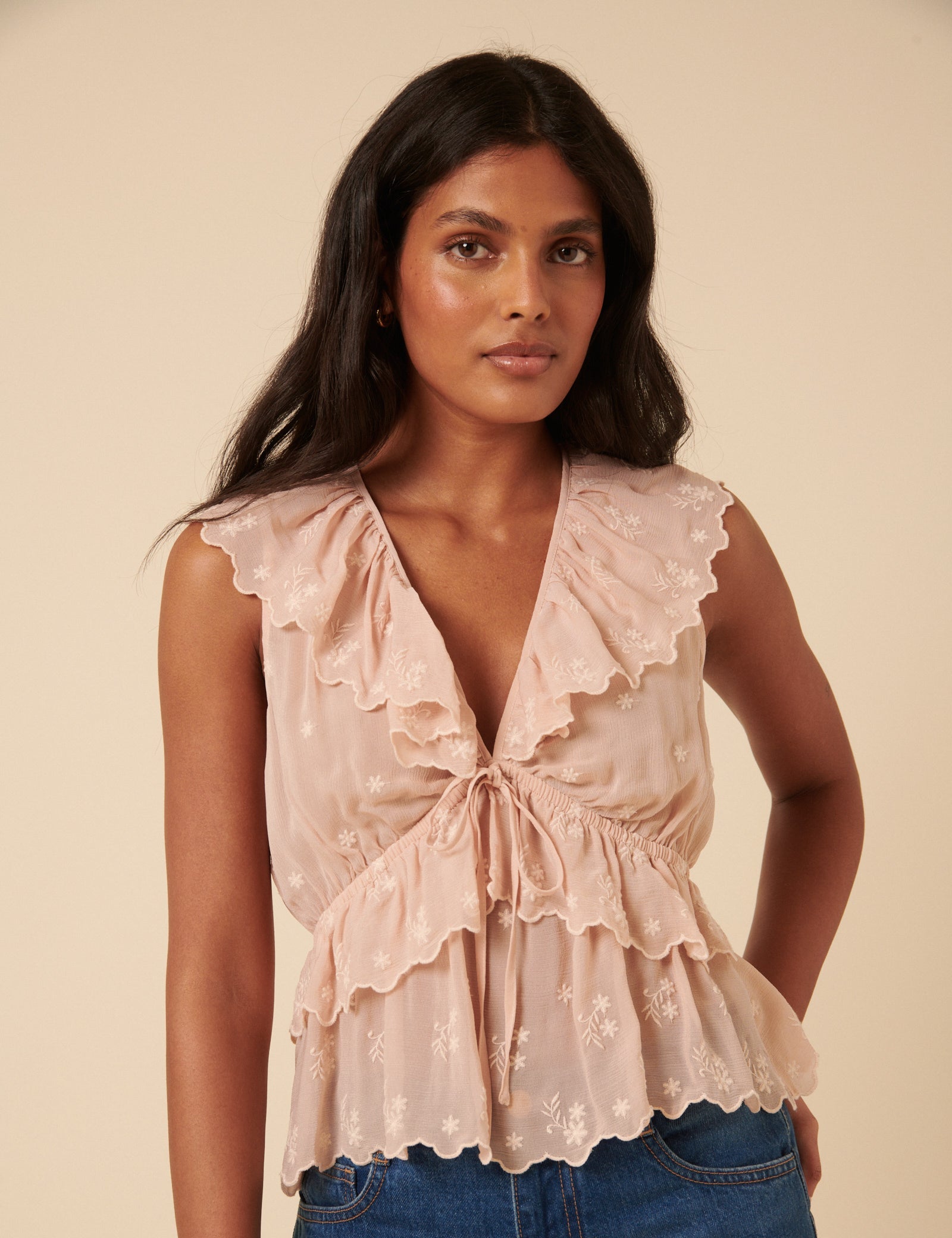 Pale Pink Embroidered Chiffon Top