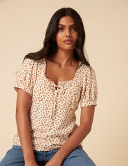 Cream Ditsy Floral Puff Sleeve Blouse