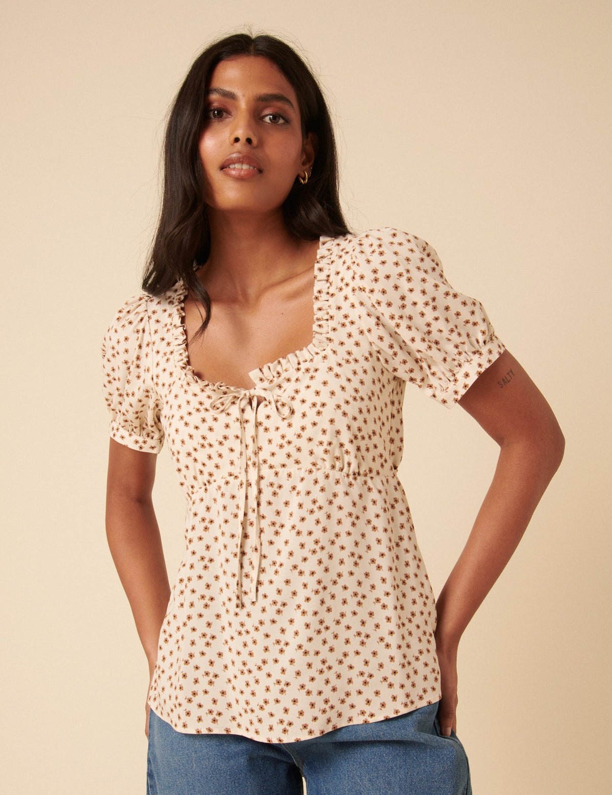 Cream Ditsy Floral Puff Sleeve Blouse