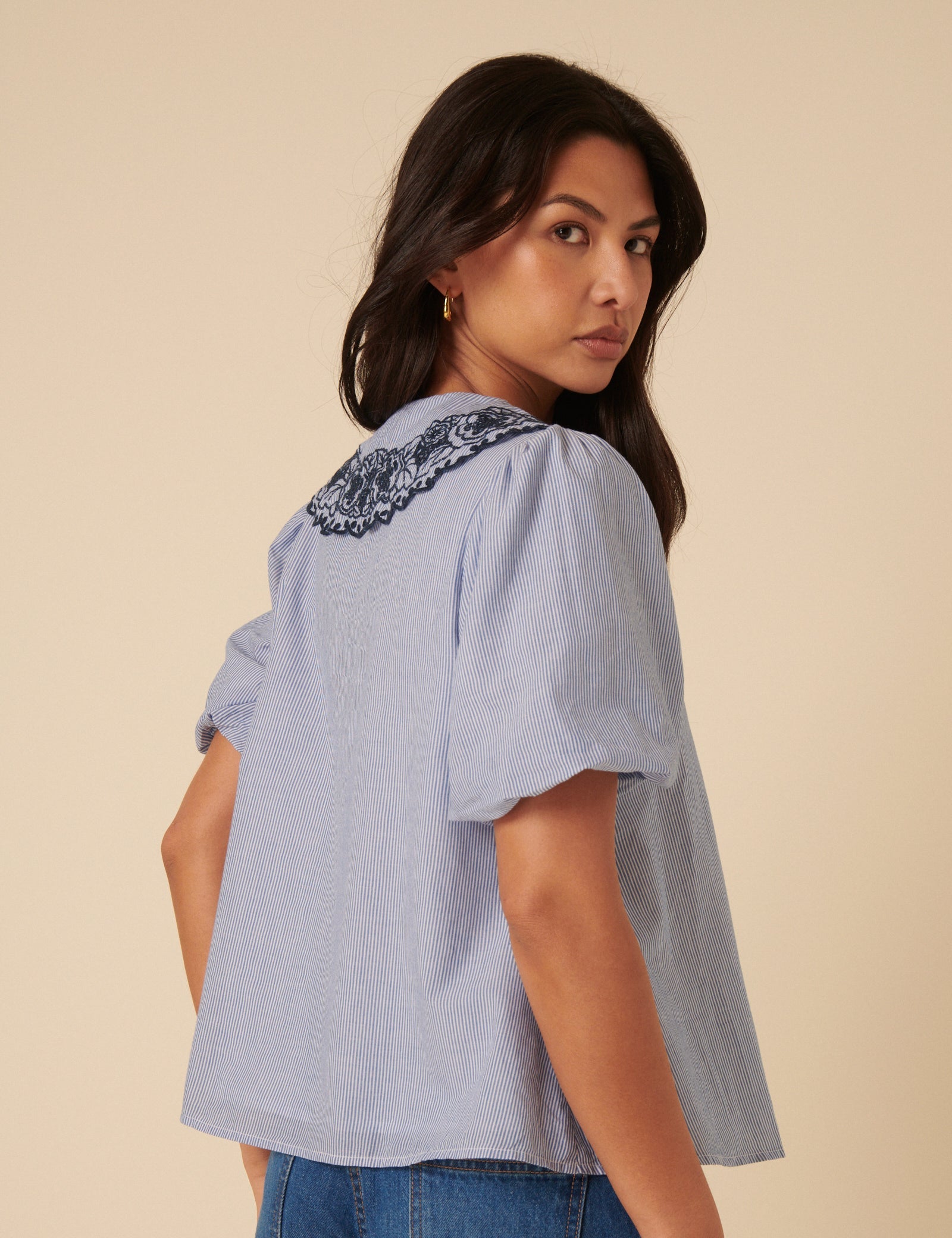 Blue Embroidered Collared Striped Blouse