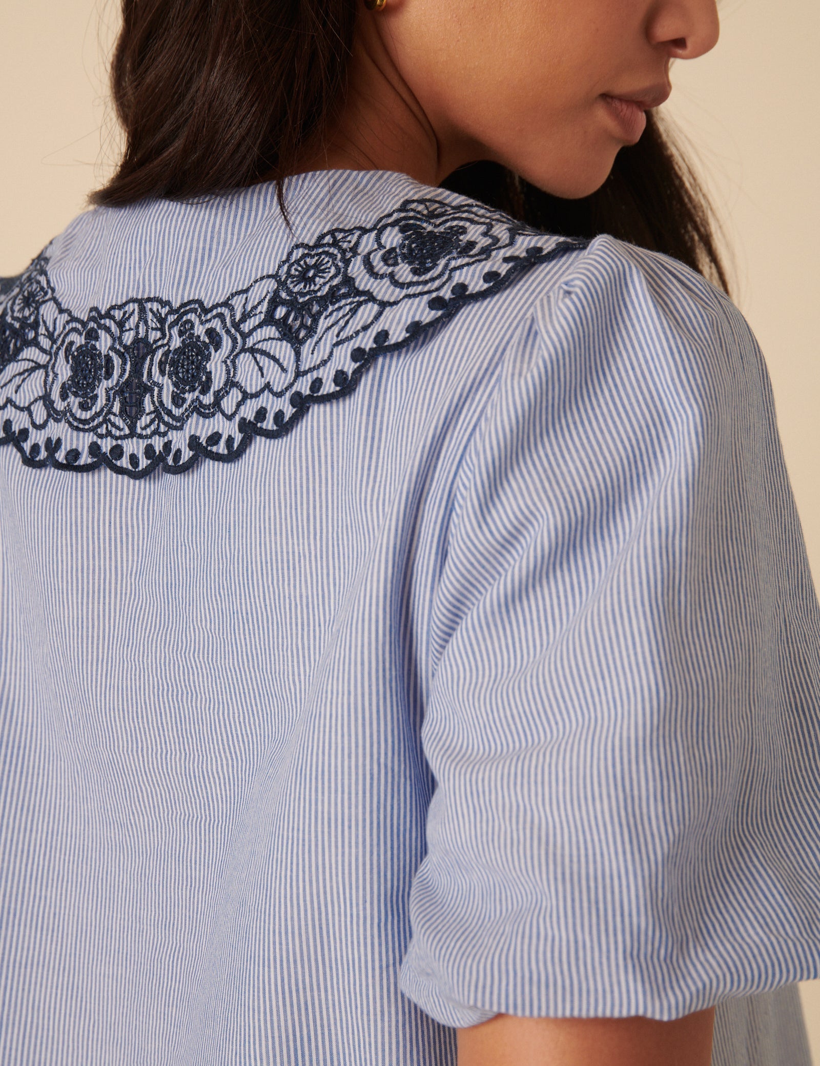 Blue Embroidered Collared Striped Blouse