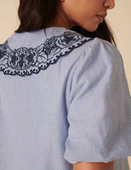 Blue Embroidered Collared Striped Blouse