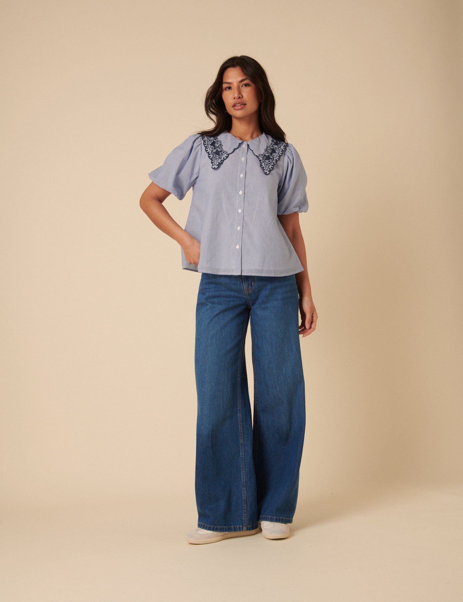 Blue Embroidered Collared Striped Blouse
