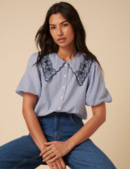 Blue Embroidered Collared Striped Blouse