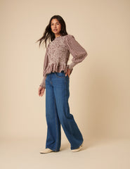 Brown Gingham Shirred Long Sleeve Top